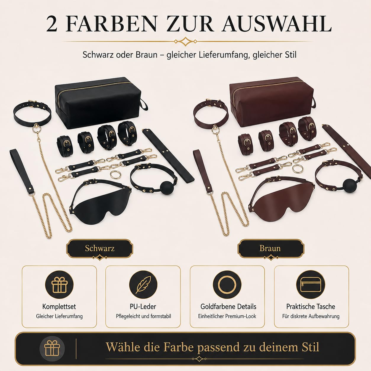 BDSM Set mit Augenbinde, Ballknebel, Fesseln, Halsband und Leine(Schwarz)