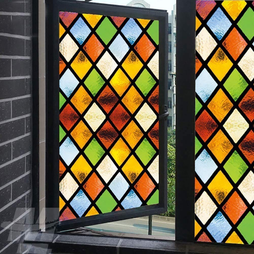 Privacy Windows Film Diamond Style Stained Glass No Glue Static Cling Decorative Frosted Window Stickers 35"x70.8"(89x180cm), Pattern 12