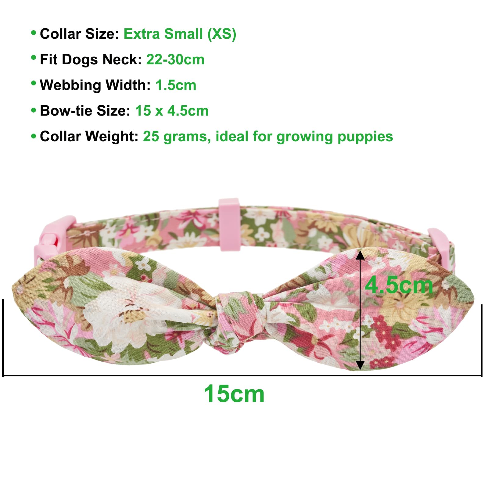YUDOTE Cotton Dog Collar XS Soft Lightweight with Hand-tied Knot Bow Non-irritating for Puppies Delicate Neck 22-30cm,PinkFlora - Image 2