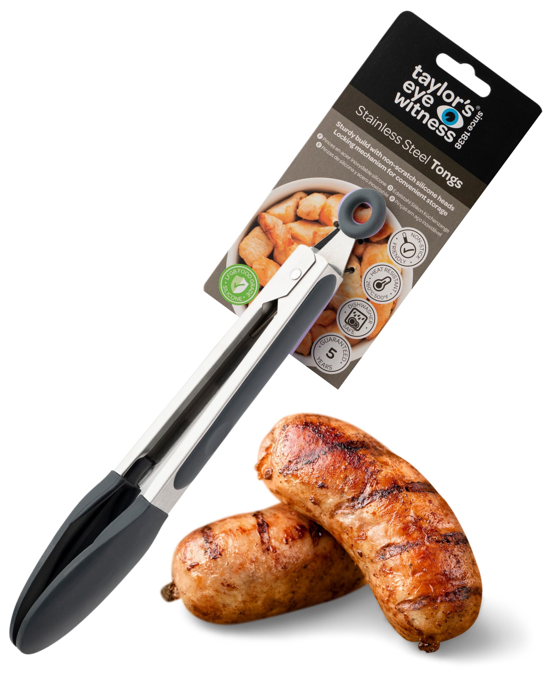 Taylors Eye Witness Large Steel Graphite Silicone Tongs - Dishwasher Safe, Heat Resistant (260°C/500°F), Locking Mechanism, 17cm/7 inch