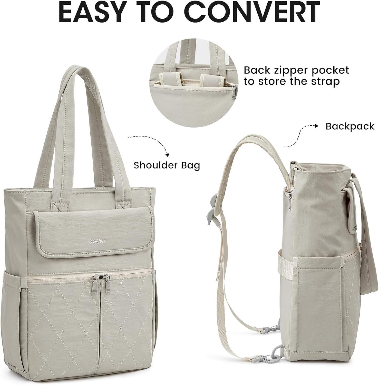 G4Free 2 in 1 Tote Backpack Fits 15" Laptop, Women Bag Daypack for College, Work, Teacher, Nurse -Beige - Image 5