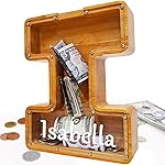 Custom Wooden Piggy Bank, (Laser Engraved Name) Creative Twenty-Six English Alphabet Letter Storage Tank Personalized Letter Coin Bank Customized Wood Toy DIY Name Letter Kids Money Bank (I)