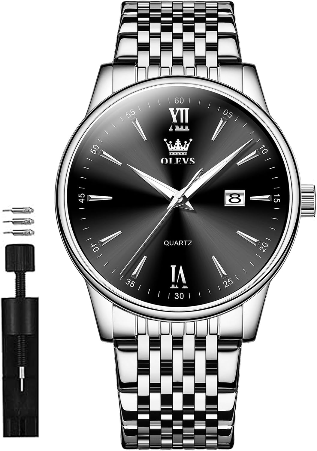 OLEVS Mens Silver Watches Classic Luxury Waterproof Watch for Men Analog Quartz Stainless Steel Men's Dress Watches Casual Wrist Watch Large Face with Day Date Relojes para Hombres