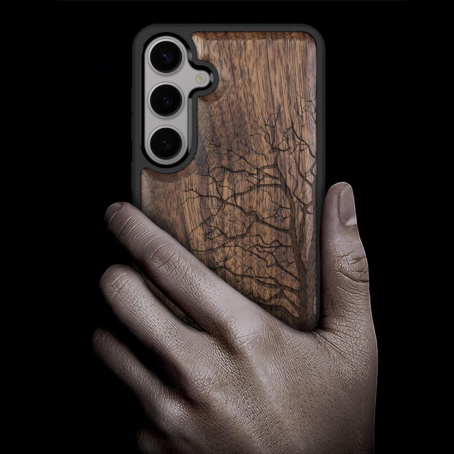 Carveit Wood Case for Galaxy S25 Case 2025 [Natural Wood & Black Soft TPU] Shockproof Protective Cover Unique Wooden Design Compatible with Samsung S25 (Eternal Tree-Walnut)