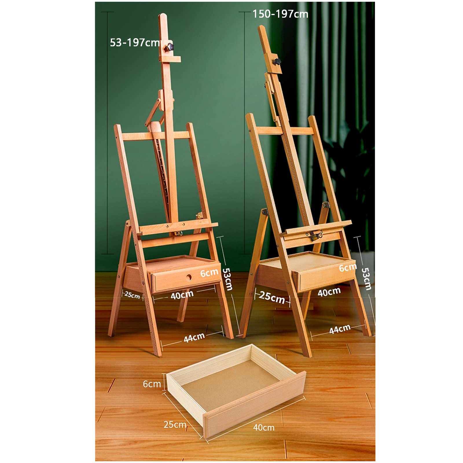 Cavalletto per Artista - Cavalletto da Studio in Legno con Telaio Ad H con Cassetto Portaoggetti, Altezza Regolabile, Robusto Cavalletto Artistico in Legno per Dipinti E Ritratti (Colore:A