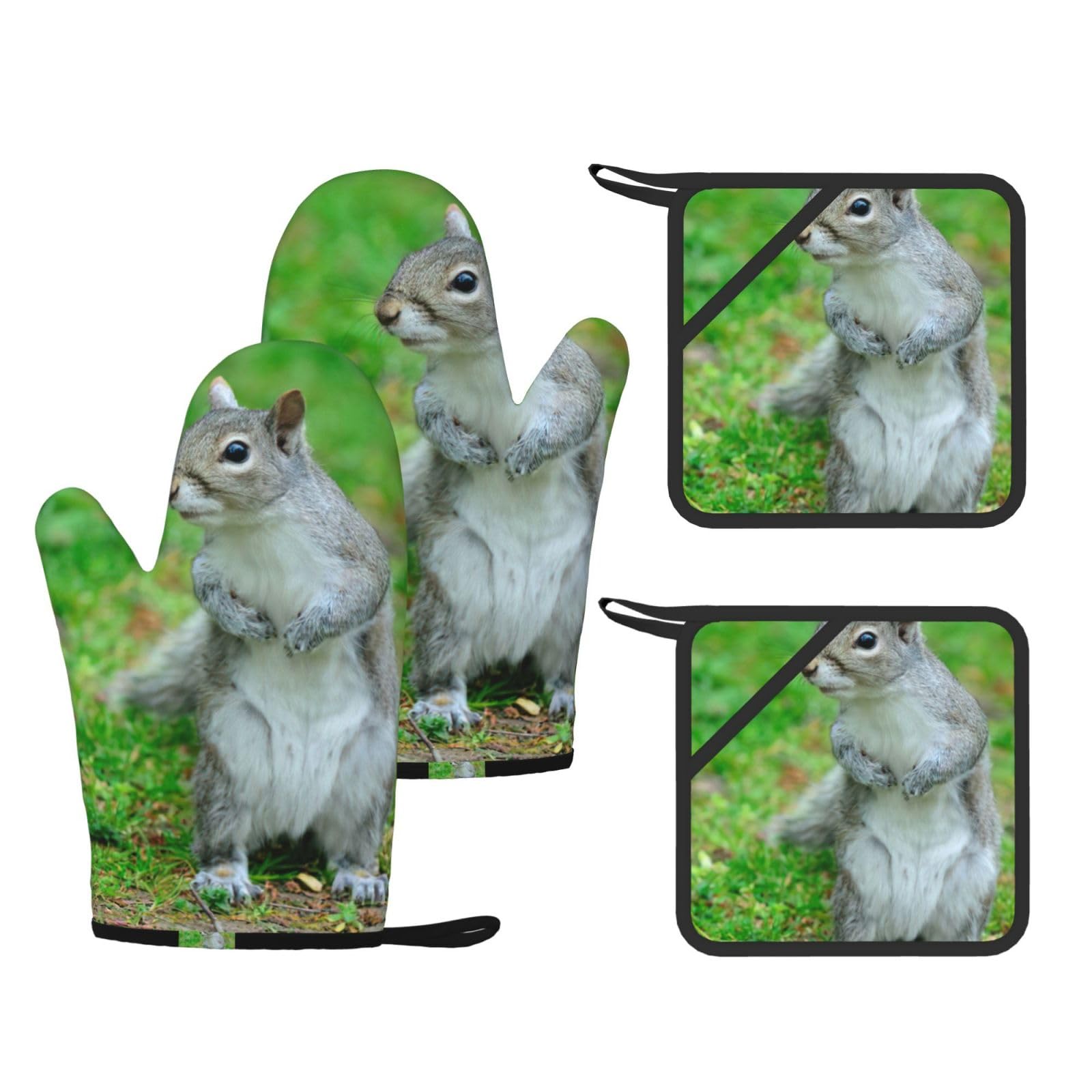 Squirrel Print Oven Mitts And Pot Holders Pads Set, Oven Glove High Heat Resistant 500 Degree For Kitchen