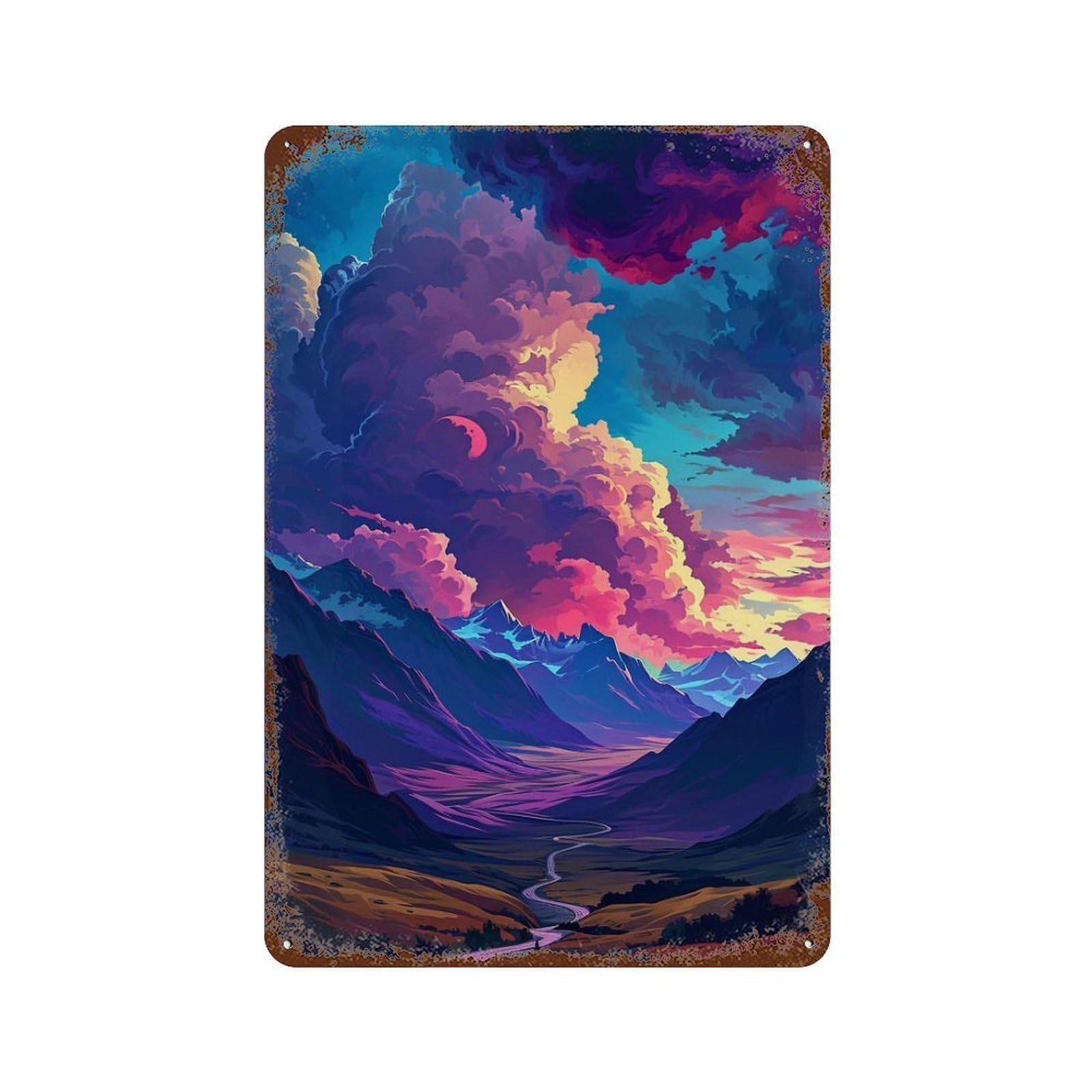 Weathered Tin Sign with Colorful Mountain Sunset Landscape Design 11.8"x7.9", for Office, Studio And Wall Decor, Retro Wall Decor