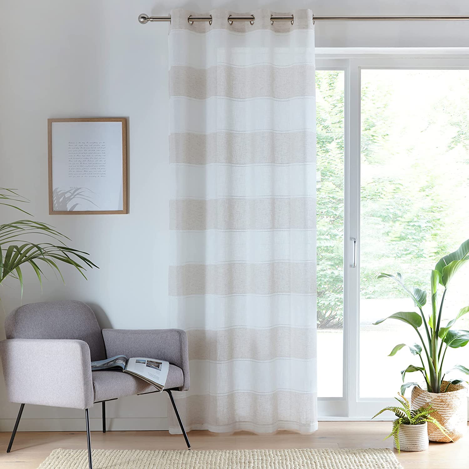 Maple Textiles A Pair of Natural Stripe Linen Look Sheer Voile Curtain Panel Silver Eyelet Heading Top 55" Wide for Your Home Lounge, Bedroom (2, Natural, 72"(183cm) Drop)