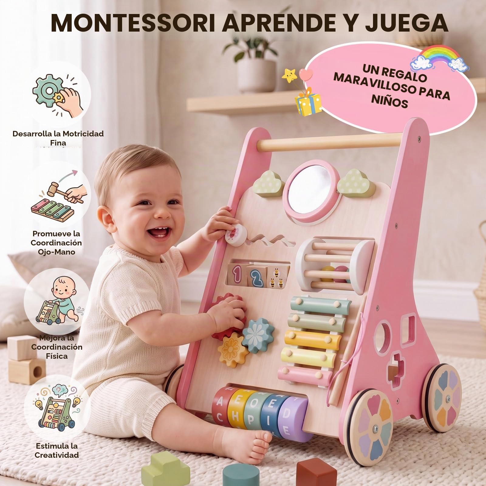 Andador Bebes Montessori,Caminador Bebe de Madera,Juguetes Bebe 1 Año,Rosa