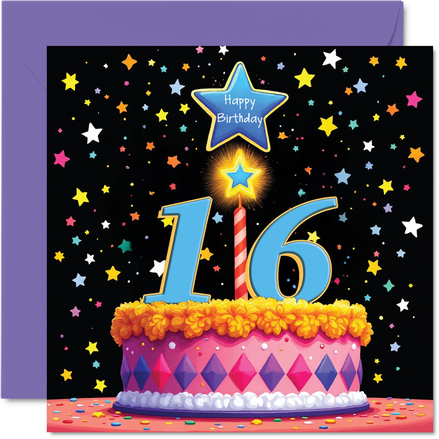 16th Birthday Cards for Boys Girls - Pink Cake & Stars - Happy Birthday Card for 16 Year Old Boy Girl Cousin Nephew Grandson Niece, 145mm Bday Greeting Cards