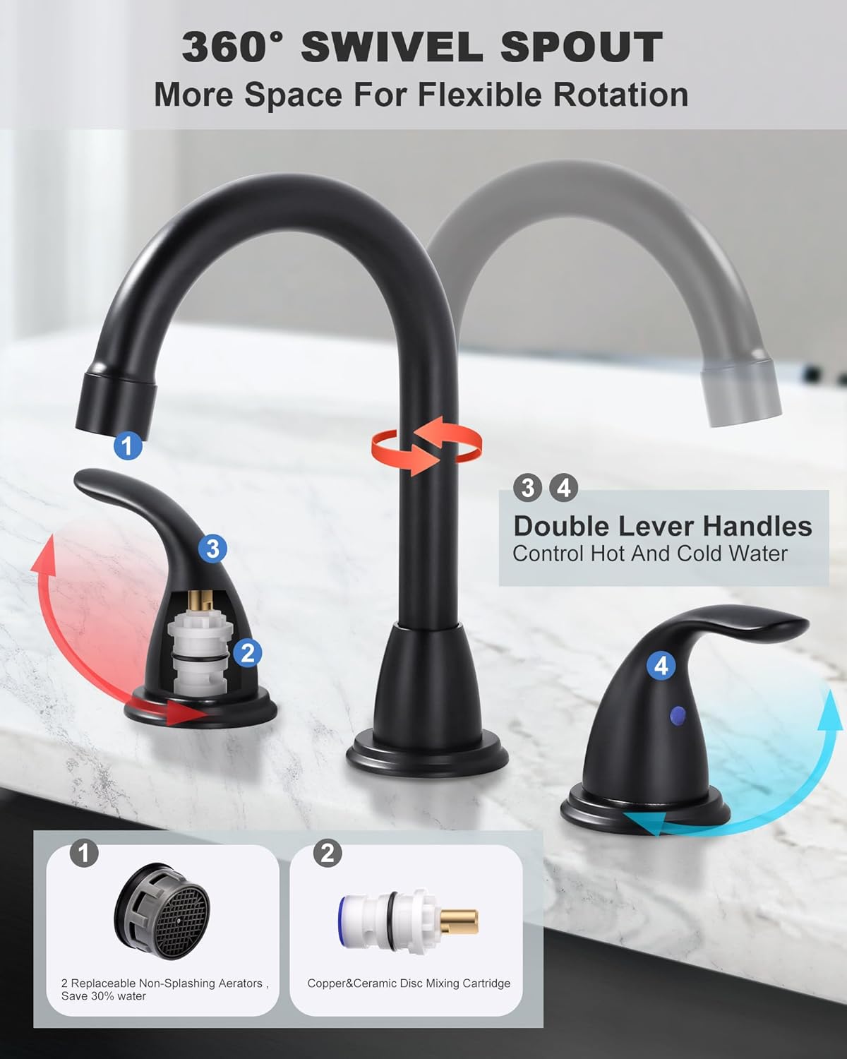 Black Bathroom Sink Faucet 3 Hole,8 Inch Widespread Matte Black Bathroom Faucet with Pop-up Drain and 2 Supply Hoses,Swivel Spout 2 Handle Lead-Free Bath Faucet for Restroom Vanity Camper RV