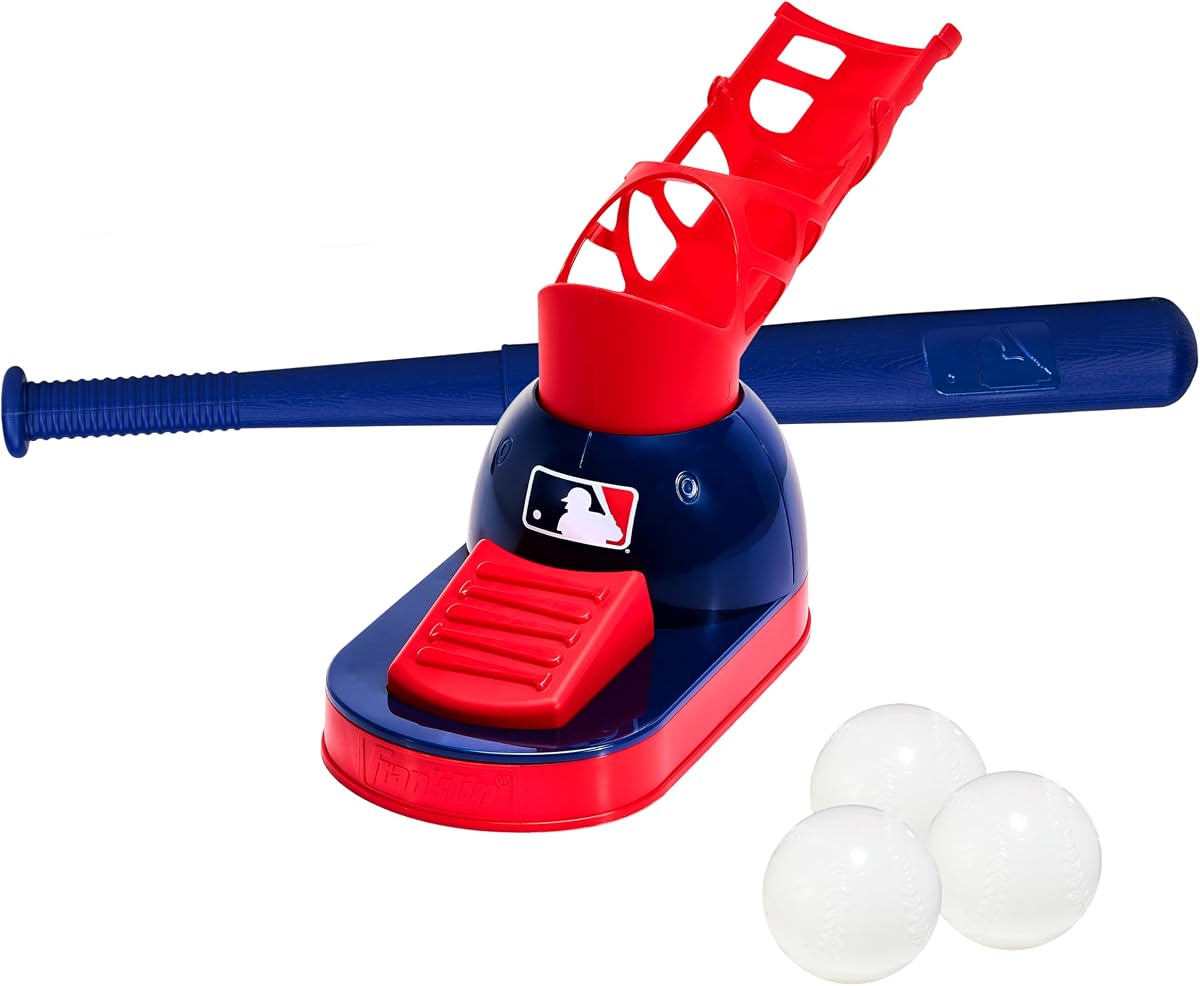 MLB Pop A Pitch Baseball Pitching Machine | Step On the Pedal to Launch the Ball, Includes Collapsible Bat + 3 Balls, Great for Learning Hand-Eye Coordination
