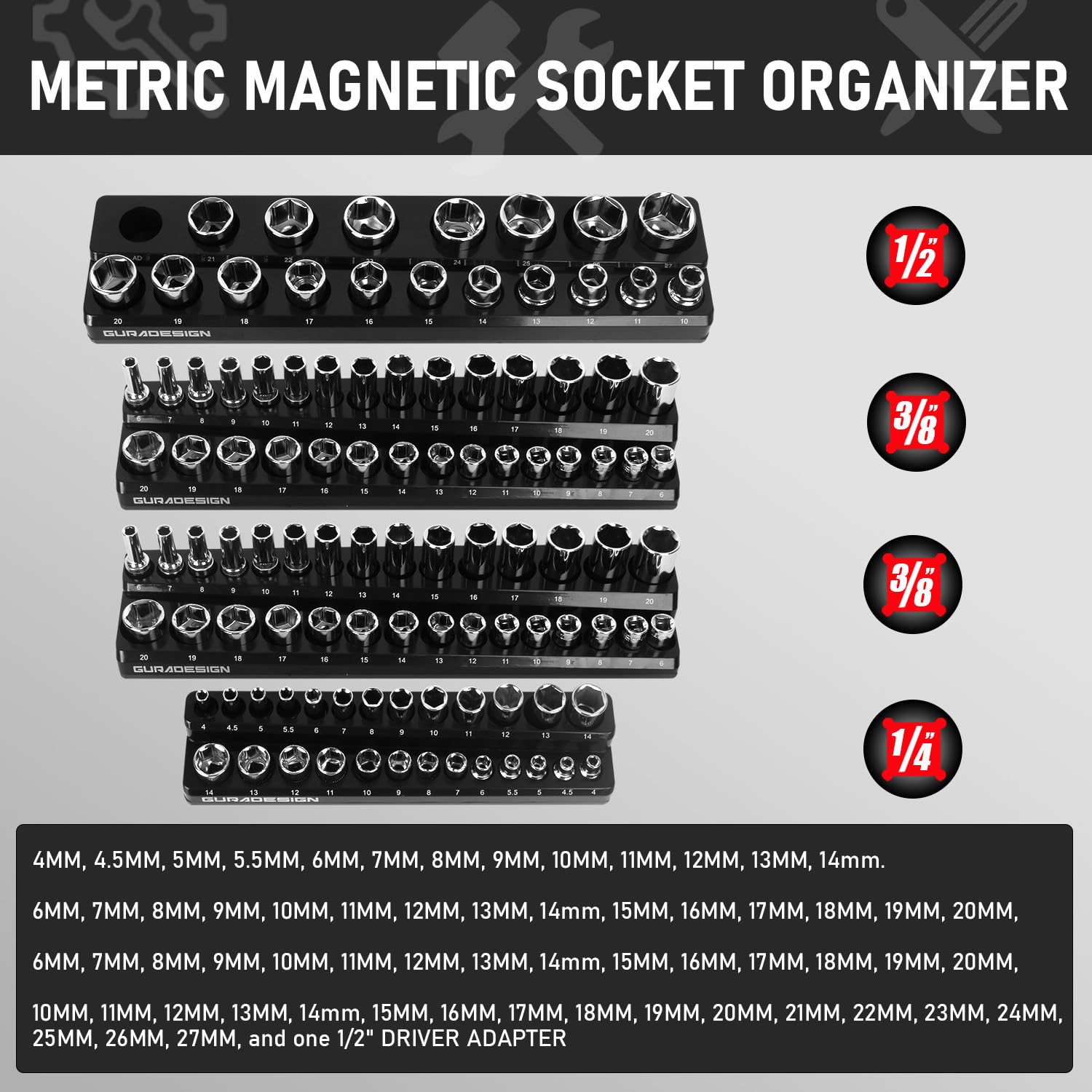 Set di 8 organizer magnetici per prese, supporto magnetico per prese da 1/4", 3/8", 1/2", contiene 171 vassoi magnetici.