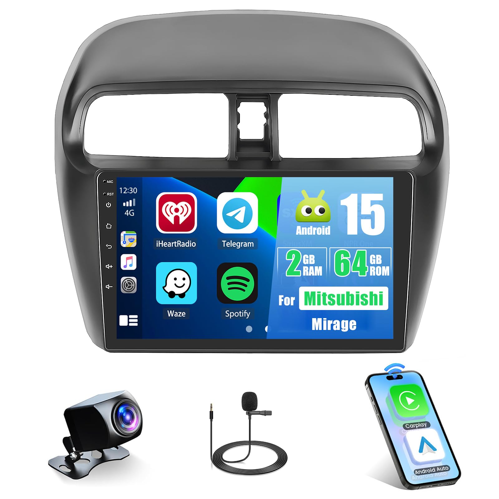 2+64G Latest Android Car Stereo for Mitsubishi Mirage 2012-2023,9 inch Touch Screen Radio Wireless Apple CarPlay Android Auto DSP 5G WiFi Bluetooth