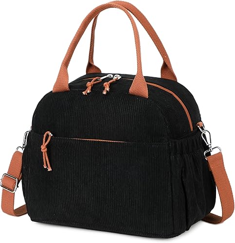 Bluboon Bolsa de almuerzo para mujer, bonita bolsa de almuerzo de pana con correa para el hombro, reutilizable, aislada, gran capacidad,