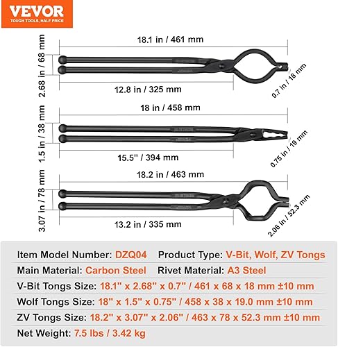 Miniatura 7 de VEVOR Pinzas de herrero, 3 piezas de 18 pulgadas, pinzas de perno de broca en V, pinzas de mandíbula de lobo y pinzas Z en V, pinzas de forja de