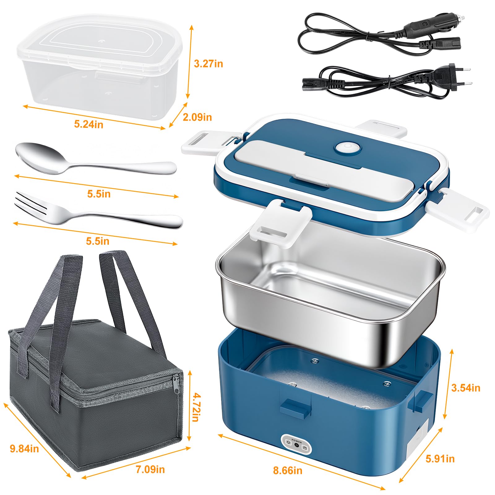 AOKBON 100W Fiambrera Electrica Trabajo 1.8L 12V/24V/220V Taper Electrico Portatil para comida con Bolsa Térmica y Cubiertos-Acero Inoxidable para Coche Camión y Trabajo 12 — view 8