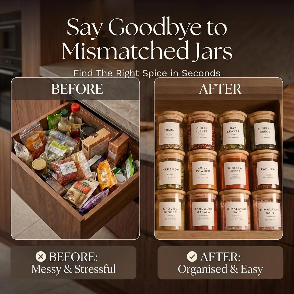 Livabl Barattoli per spezie in vetro con coperchi ed etichette in bambù, confezione da 12, 200 ml | Contenitori ermetici – 360 etichette impermeabili prestampate – per conservare erbe, condimenti e cucina