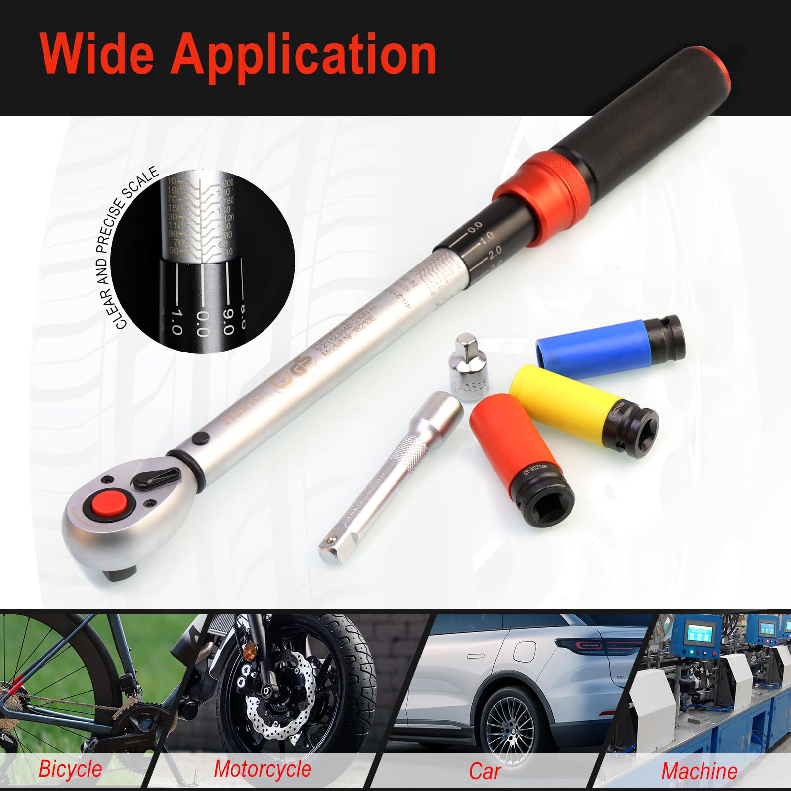Hairich Clé Dynamométrique Voiture 1/2", Torque Wrench 40–210 Nm, Certifiée TÜV Süd GS, Set 6 Pièces avec Rallonge 125 mm, Adaptateur 1/2"-3/8" et 3 Douilles – Changement de Pneus & Moto