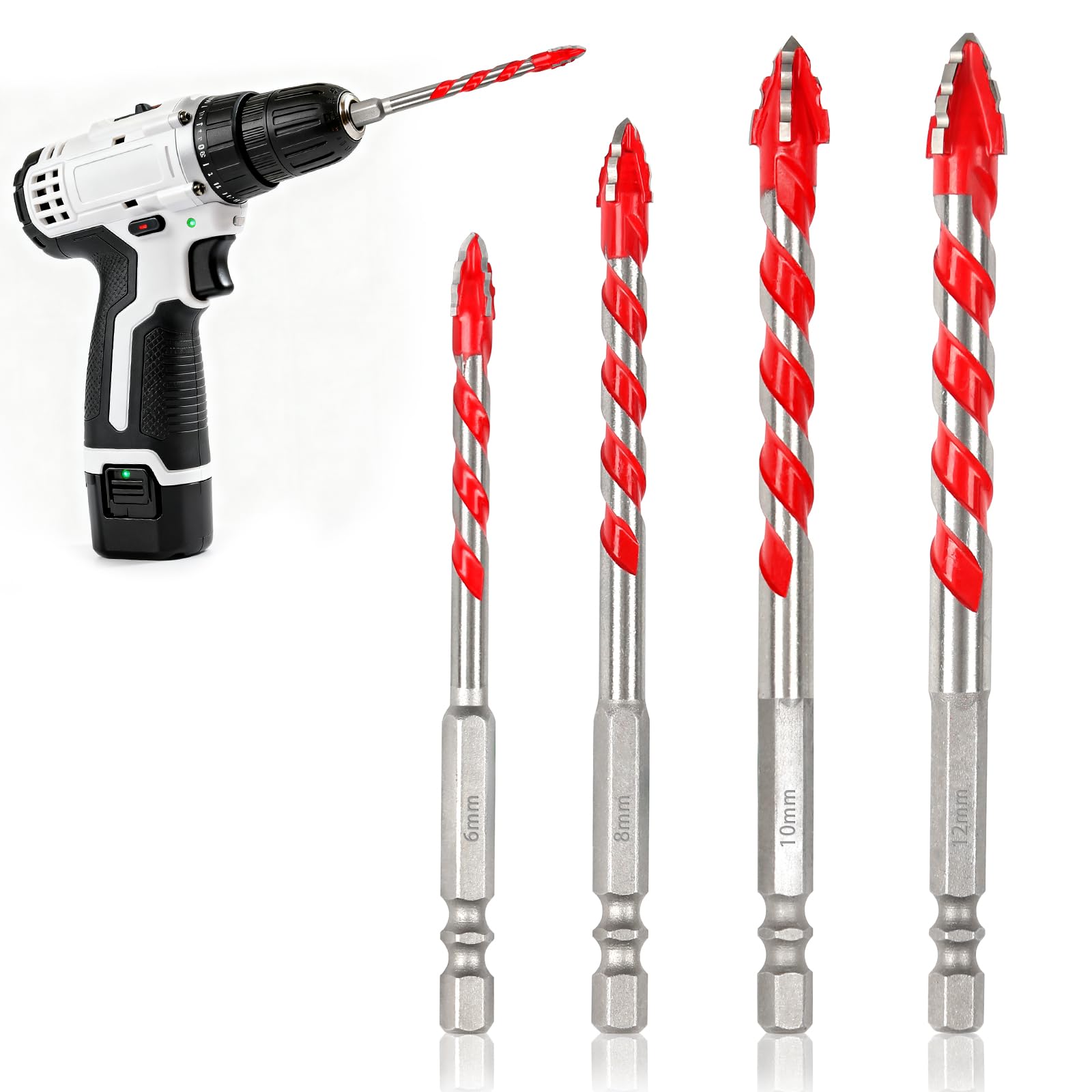 FcaecY 4 Pcs Eccentric Drill Bit, Four Blade Serrated Eccentric Drill for Marble, Quartz, Granite, Tile, Glass, Ceramic, Microcrystalline, Cement Brick, Wood, Plastic (6, 8, 10, 12mm)