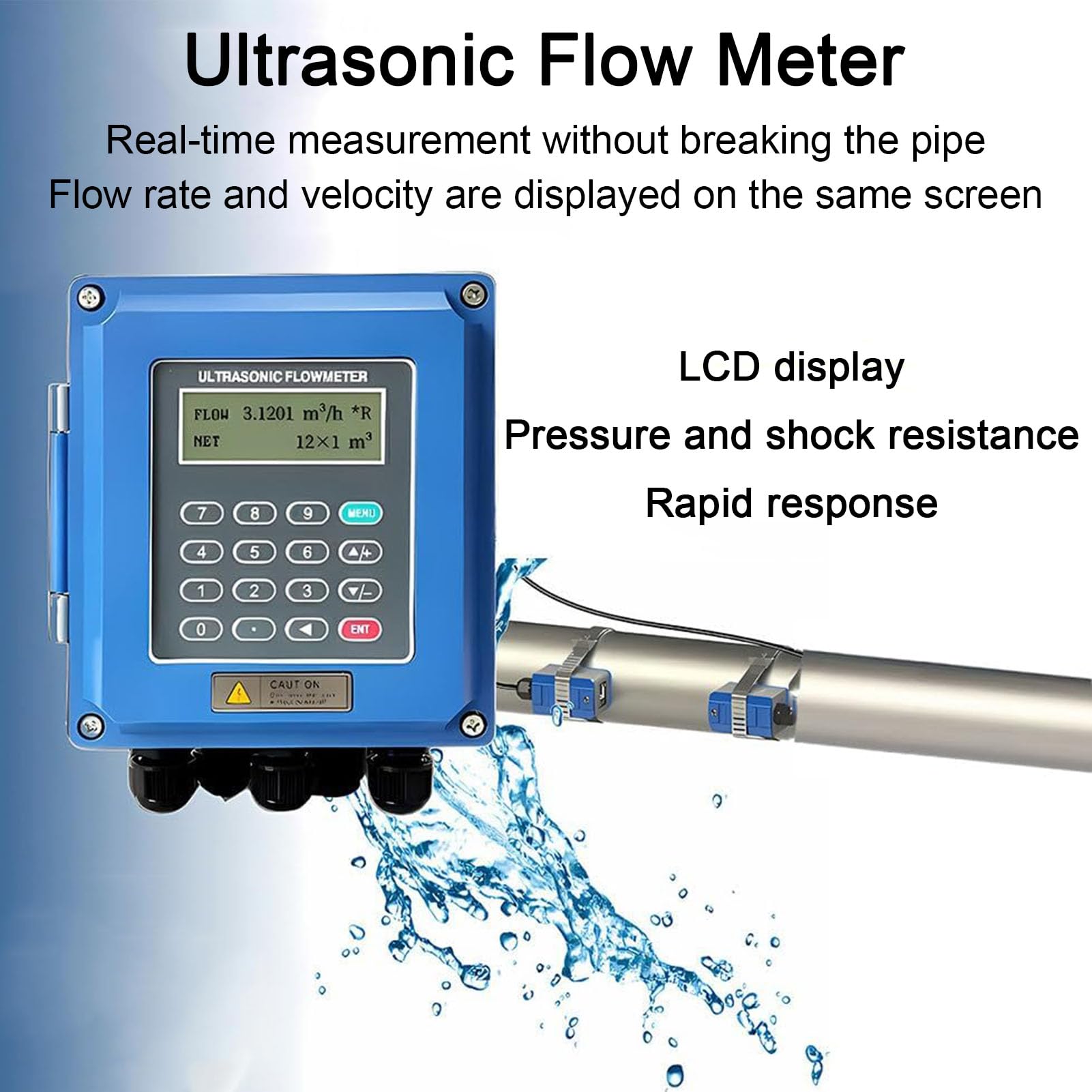 Medidor de flujo ultrasónico con pantalla LCD y sensor externo para medición de flujo de líquidos