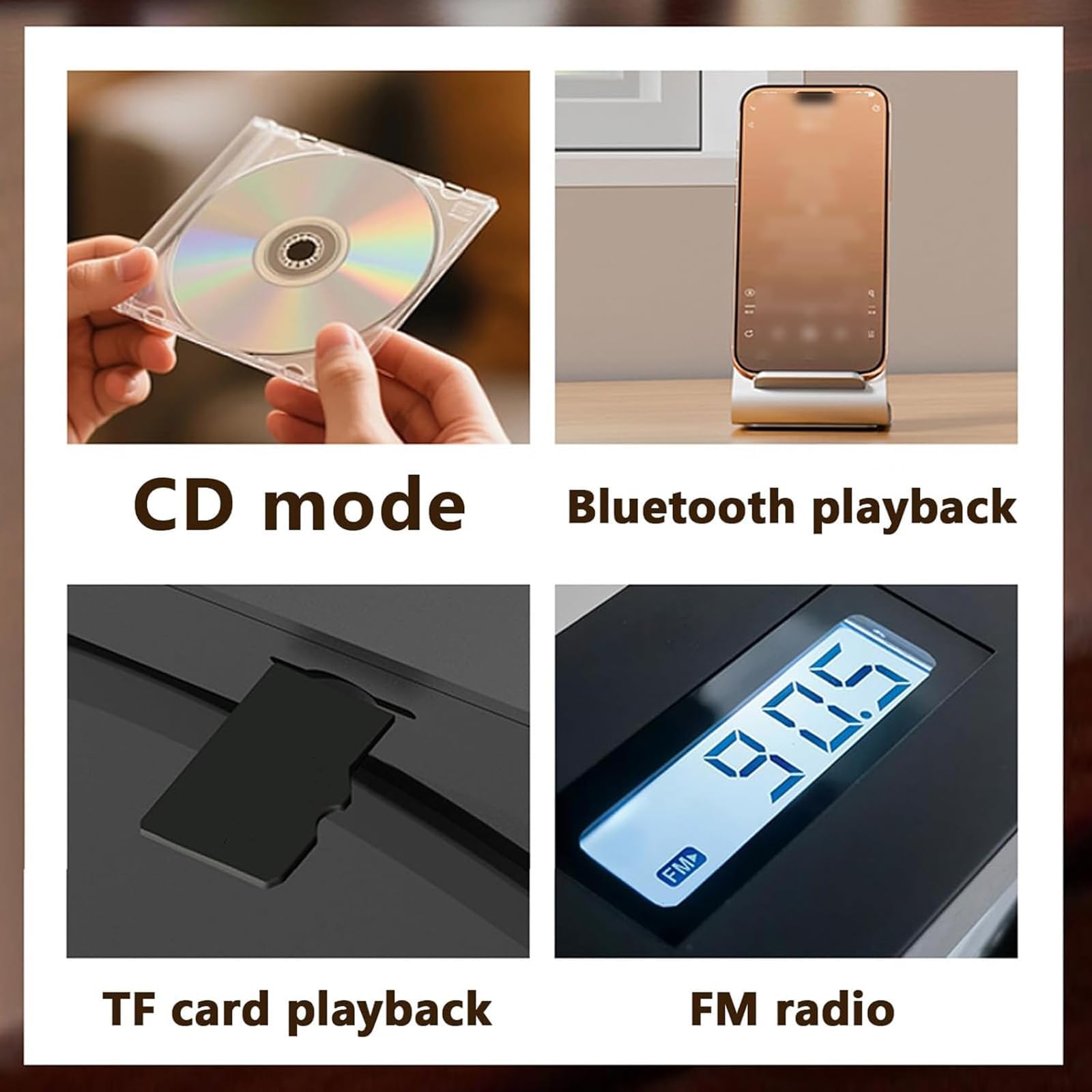 Lettore CD Bluetooth montabile a parete, cornice musicale con diverse modalità di riproduzione, 4 luci ambientali, 3 opzioni di posizionamento, decorazione per casa/parete