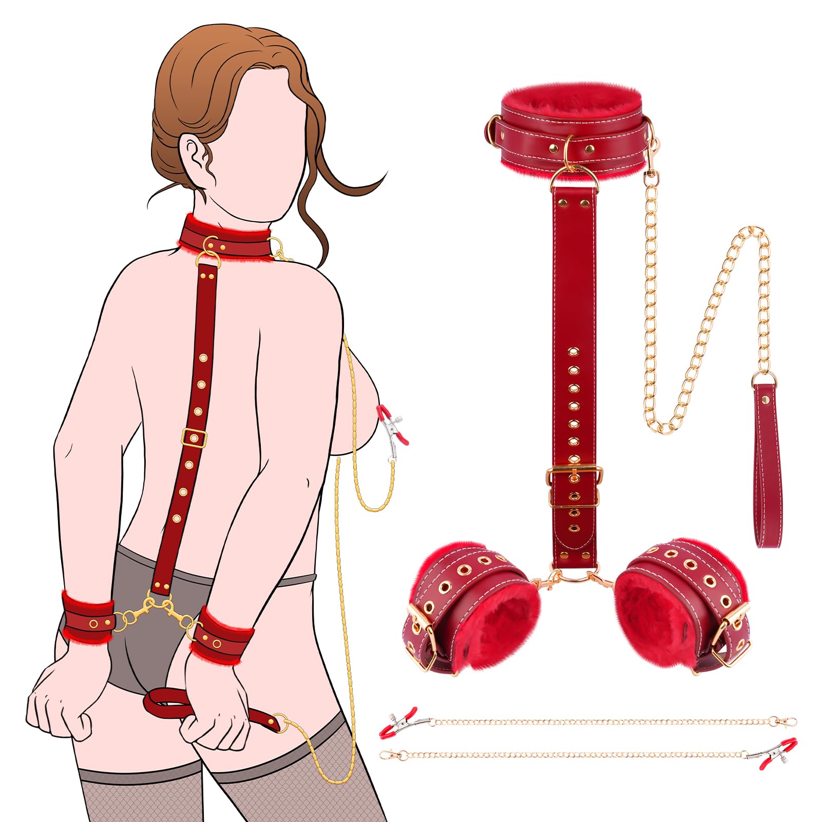 BDSM Adult Sex Toys for Couples - Premium Leather Neck to Wrist Kit with Handcuffs Collar Traction Chain