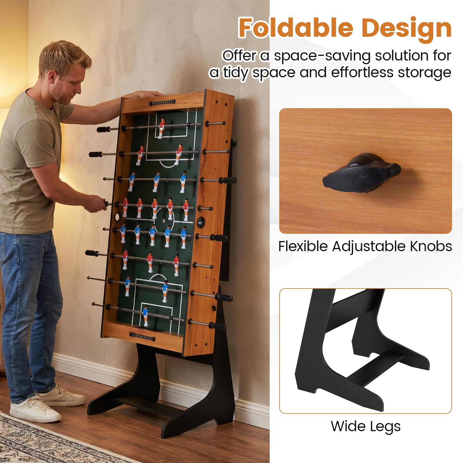 FANTASK Babyfoot Pliable en Bois avec 2 balles, 2 compteurs de Points et 22 Figurines, Table de Baby-Foot pour 2 à 4 Joueurs, Ballon de Baby-Foot Peu encombrant, Table de Jeu pour Enfants et Adultes