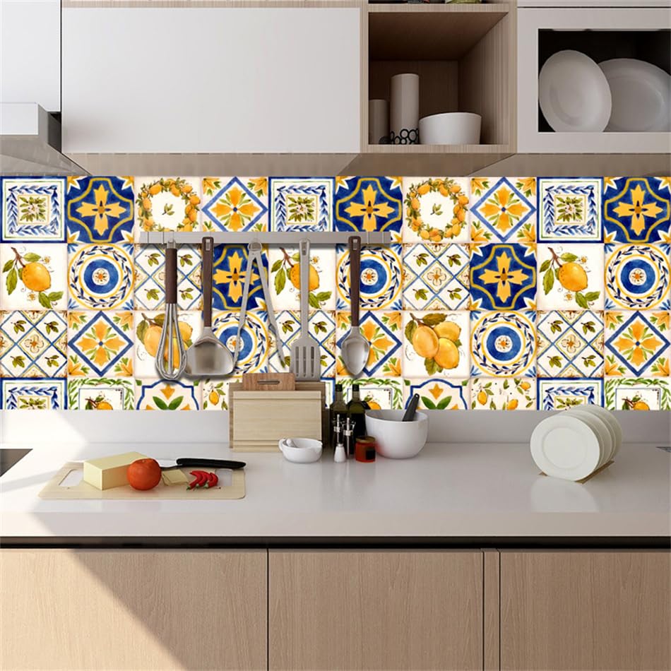 Adesivi per Piastrelle con Motivo Limoni, Piastrelle autoadesive per pareti di Cucina e Bagno, Vinile Adesivo, Impermeabili e Resistenti all'olio, 16 Pezzi (20x20 cm)