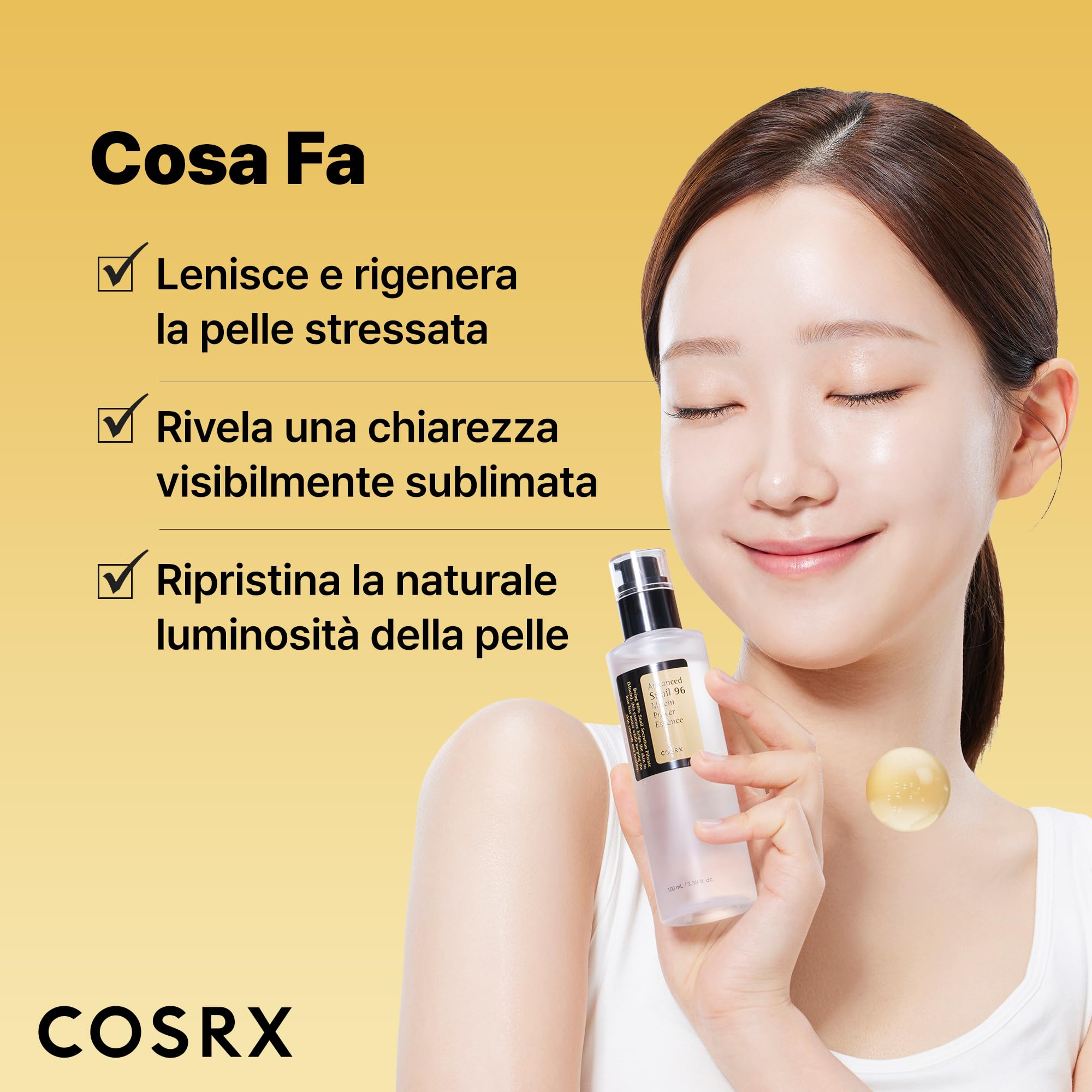 COSRX Essenza di bava di lumaca 96 100ml, 96,3% di filtro di secrezione di lumaca, ringiovanisce la pelle da secchezza e invecchiamento, assorbe rapidamente nella pelle, Ipoallergenico