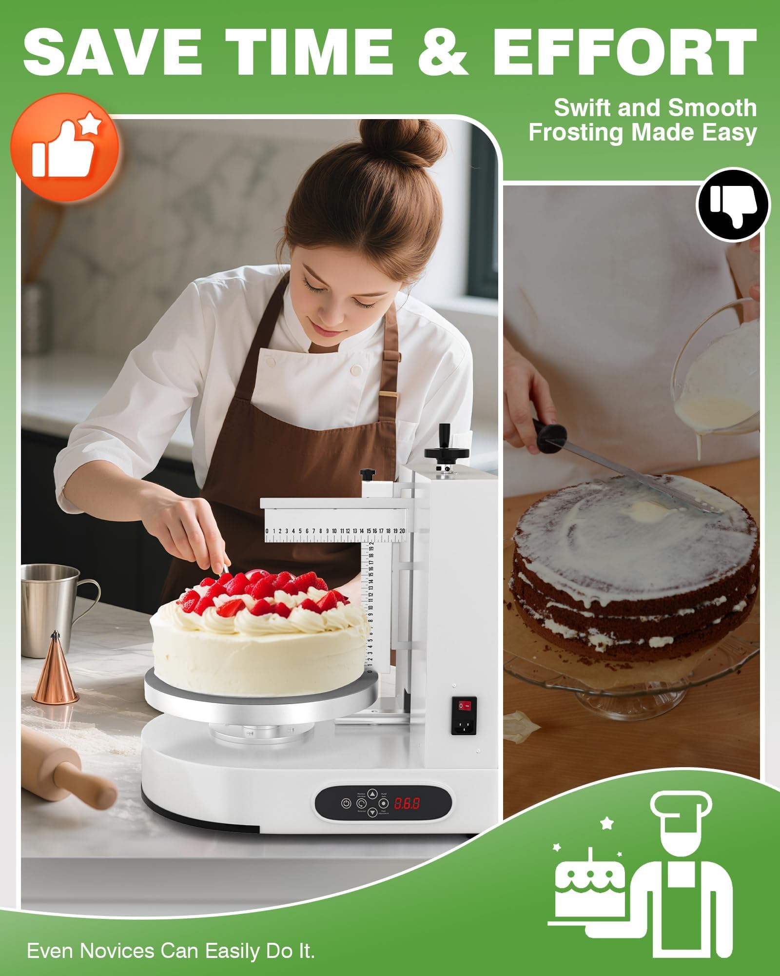 Lisseur de gâteau électrique et machine à glaçage de 10,2 cm - Plateau tournant automatique 60 320 tr/min avec grattoirs gradués - Parfait pour la décoration de gâteaux et le glaçage - Blanc