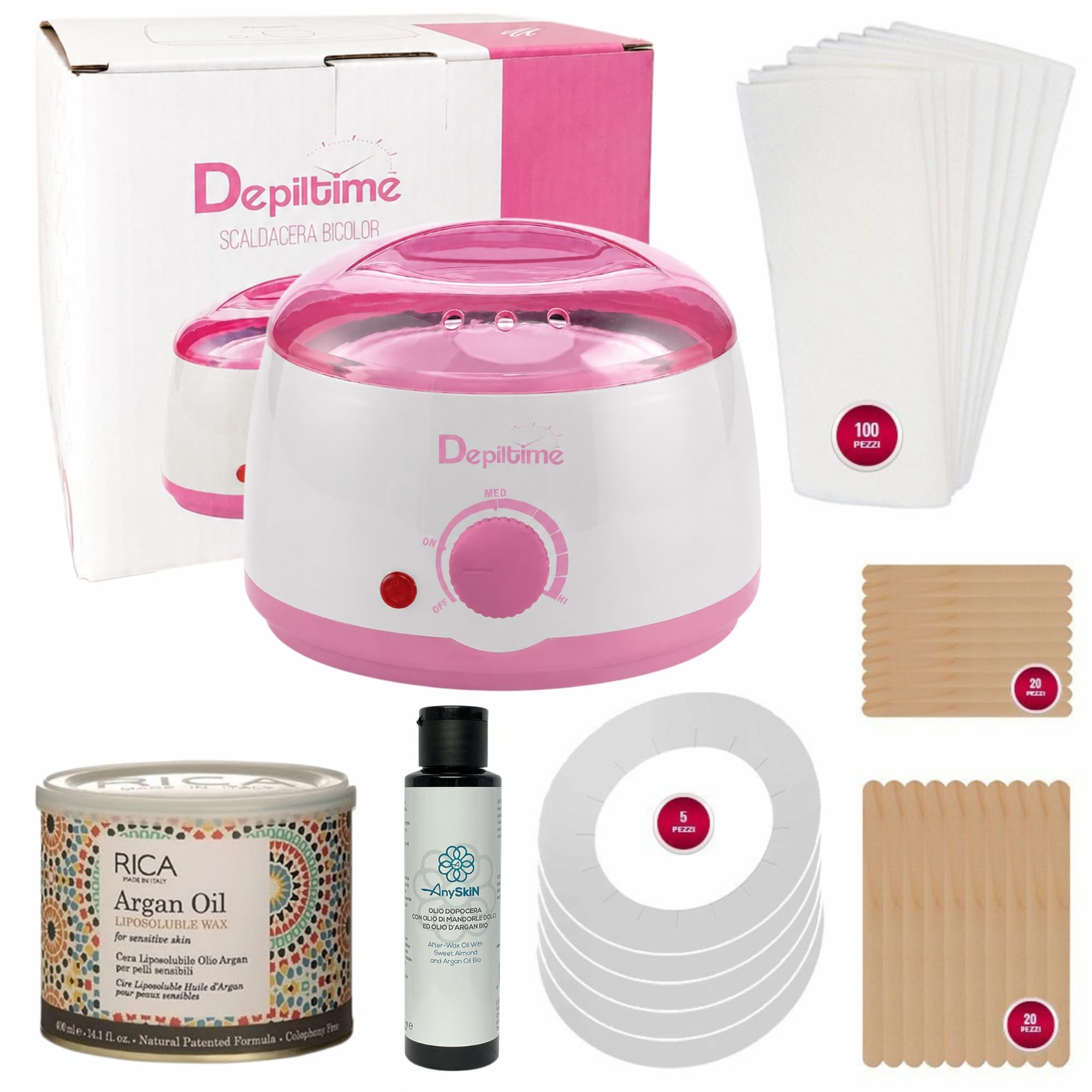 KIT DE DEPILATION ANYSKIN> CHAUFFE-CIRE + CIRE LIPO VASE + ANYSKIN APRÈS CIRE + 100 BANDES D'ÉPILATION + 25 SPATULES
