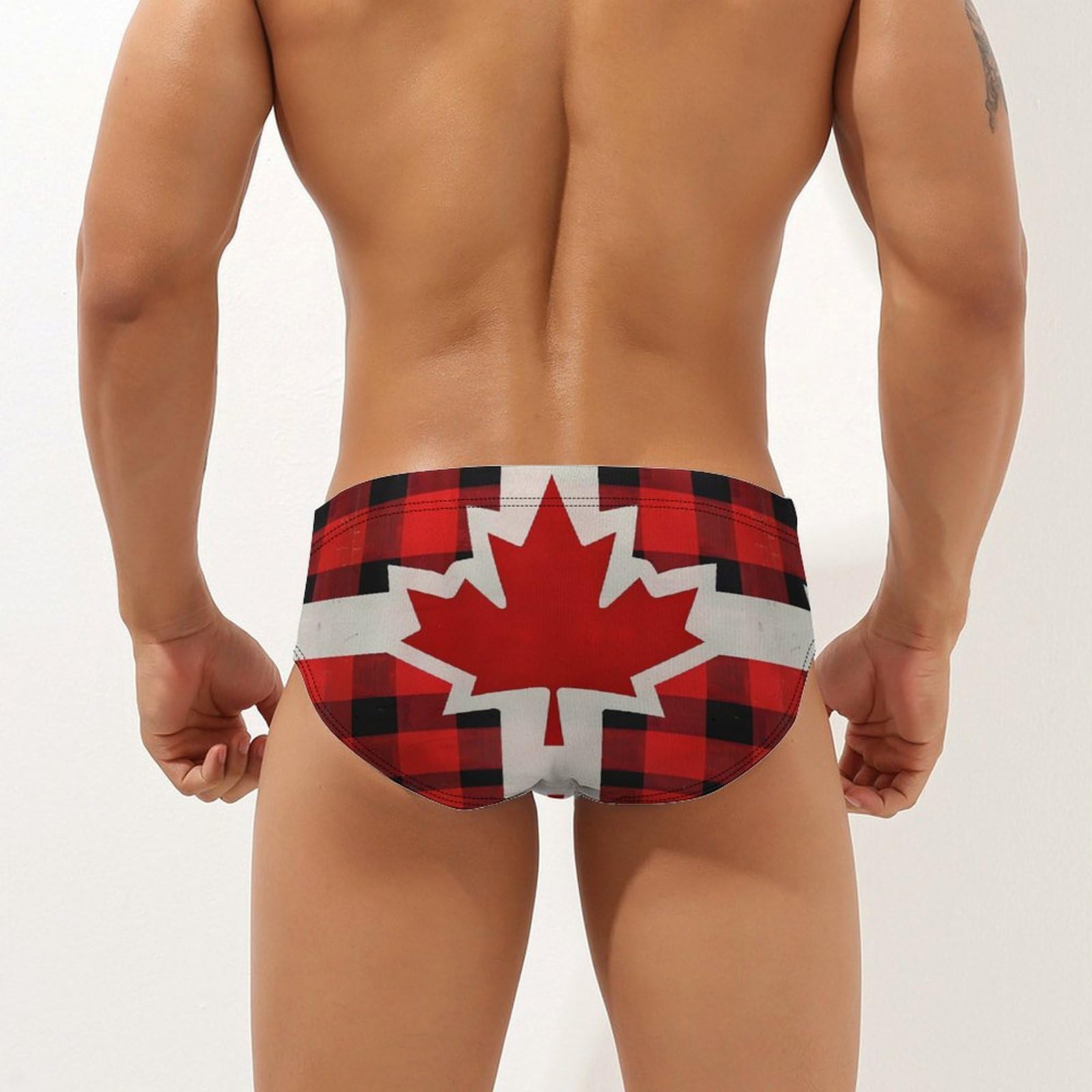 Canadian Flag Farm Buffalo Plaid Mens Swim Briefs Bikini Swimwear Print Beach Shorts Sexy Swimsuit M