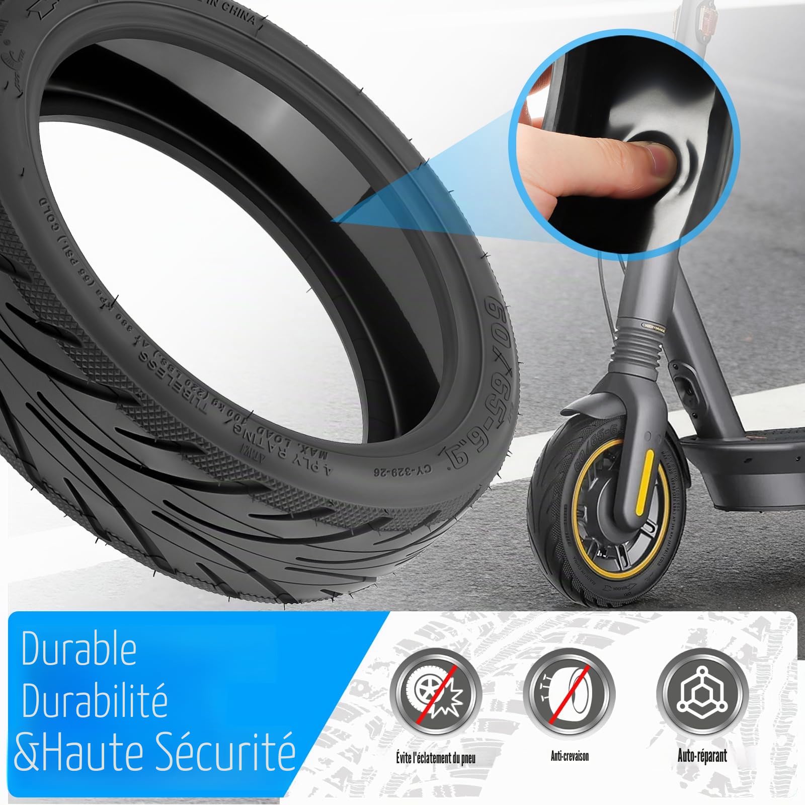 Pneu Tubeless 60/65-6.9 Auto-Réparant pour Ninebot Max G2 Trottinette Electrique, Pneu Sans Chambre à Air 10 Pouces 60/65-6.9 avec Valve, Anti-Crevaison & Anti-Usure & Anti-Dérapant, 1PCS