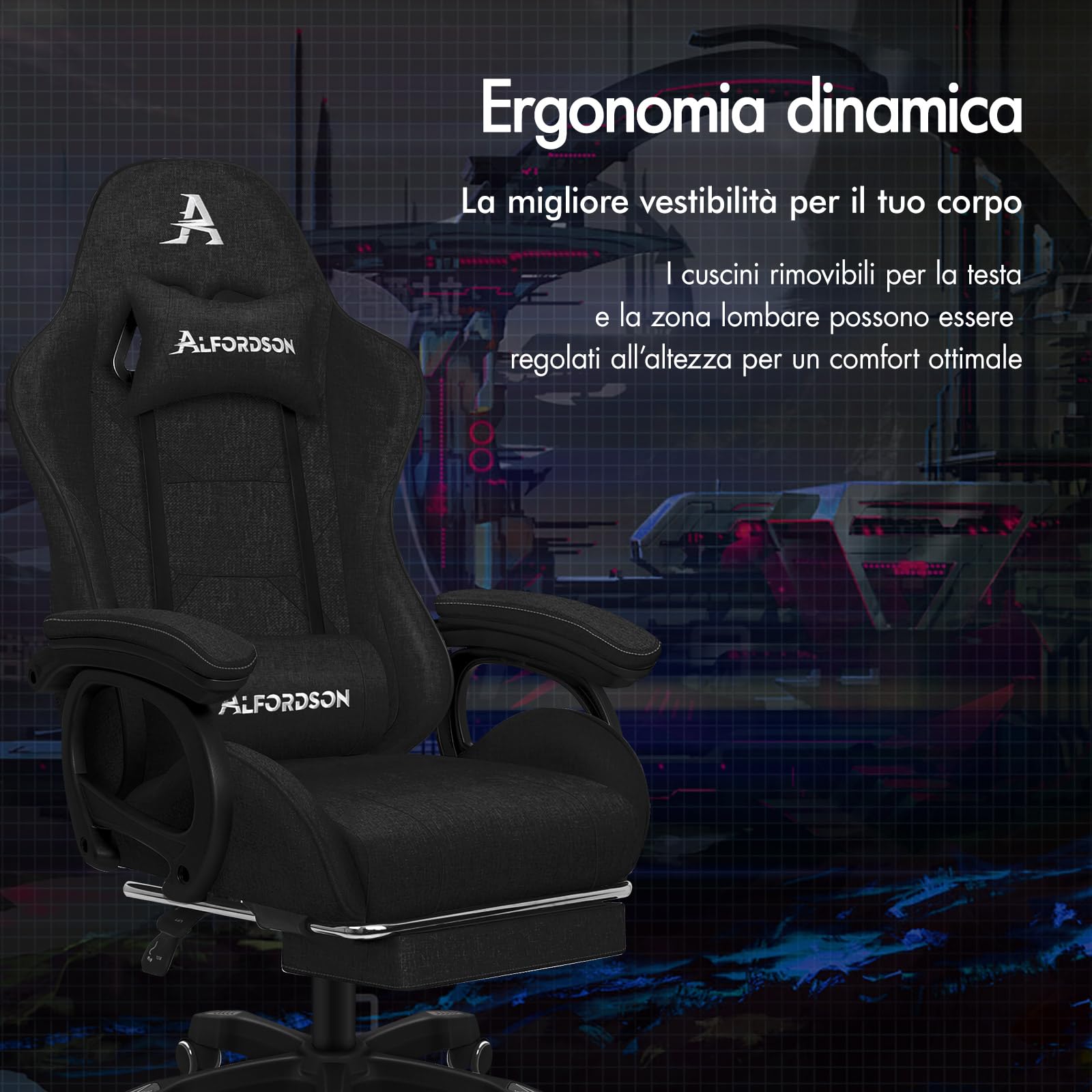 ALFORDSON Sedia da Gaming, Sedia da Corsa con Massaggio a 2 Punti per Gioco, Sedia da Computer ergonomica con Cuscino Lombare, Altezza Regolabile, Tessuto, Nero