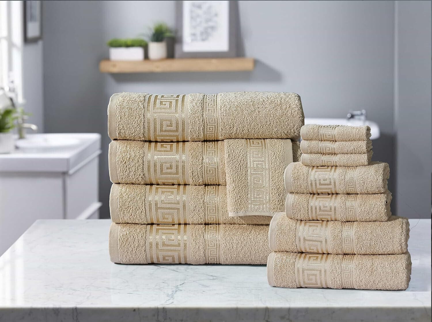 StyleMyBedroom 100% Cotton Towels Super Soft Absorbent 500 GSM with Viscose Greek Border (Beige,Bath Towel)