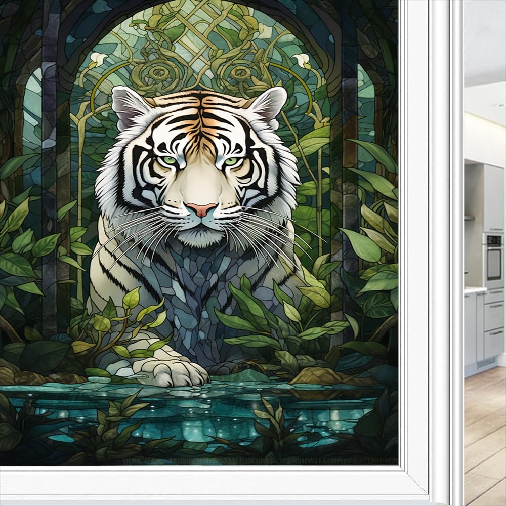 Fyfmushe Watercolor Tiger Window Privacy Film, Fantasy Leaf Modern Animal Frosted Stained Glass Window Film Decorative Static Cling For Glass For Home 80X140 Cm