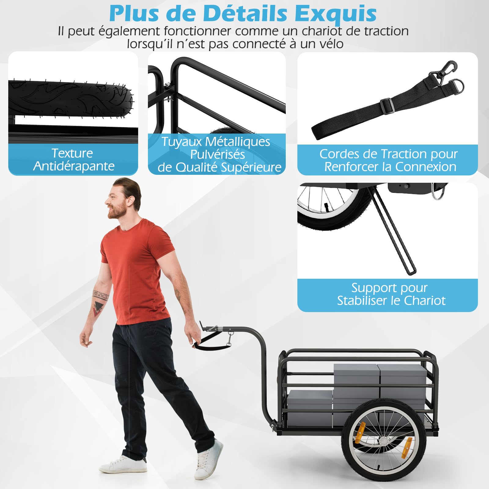 COSTWAY Remorque de Vélo avec Cadre Pliable Charge 55 kg, Chariot pour Vélo avec Housse en Tissu Oxford Roues à Air de 40 cm Réflecteurs, pour Camping Courses Randonnée