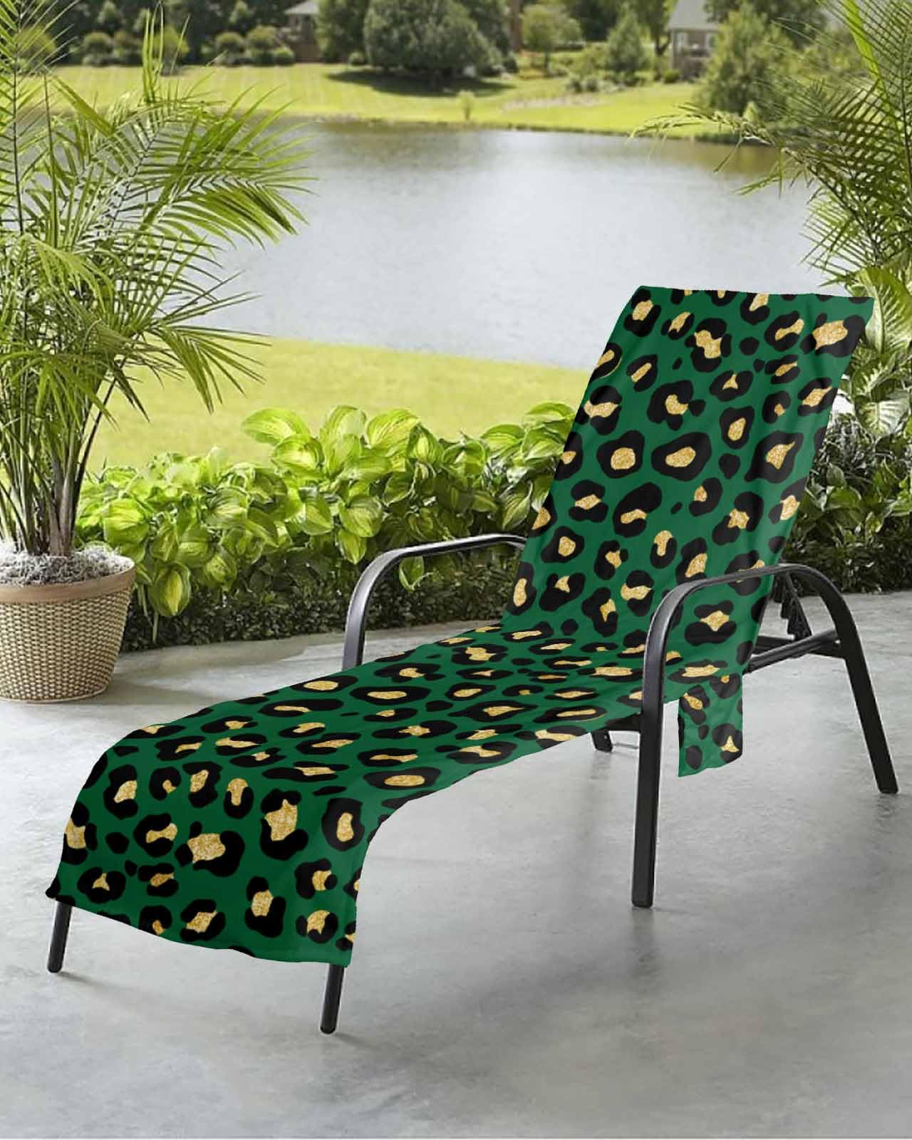 Green Leopard Print Beach Chair Towel Covers for Chaise Lounge with Side Pocket, Soft Plush Pool Towels Cover for Patio Sunbathing Outdoor 29''x85'' Spring St. Patrick's Day Holiday