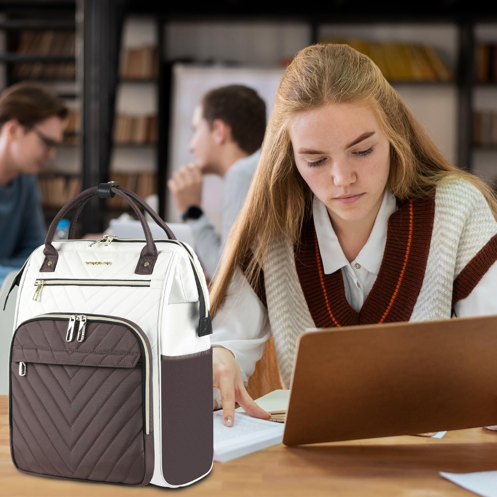 VANKEAN Mochila para ordenador portátil para mujer, bolsa de trabajo 15.6" | mochila impermeable de gran capacidad, mochila escolar, mochila de viaje de negocios, Beige-café Mochilas tradicionales