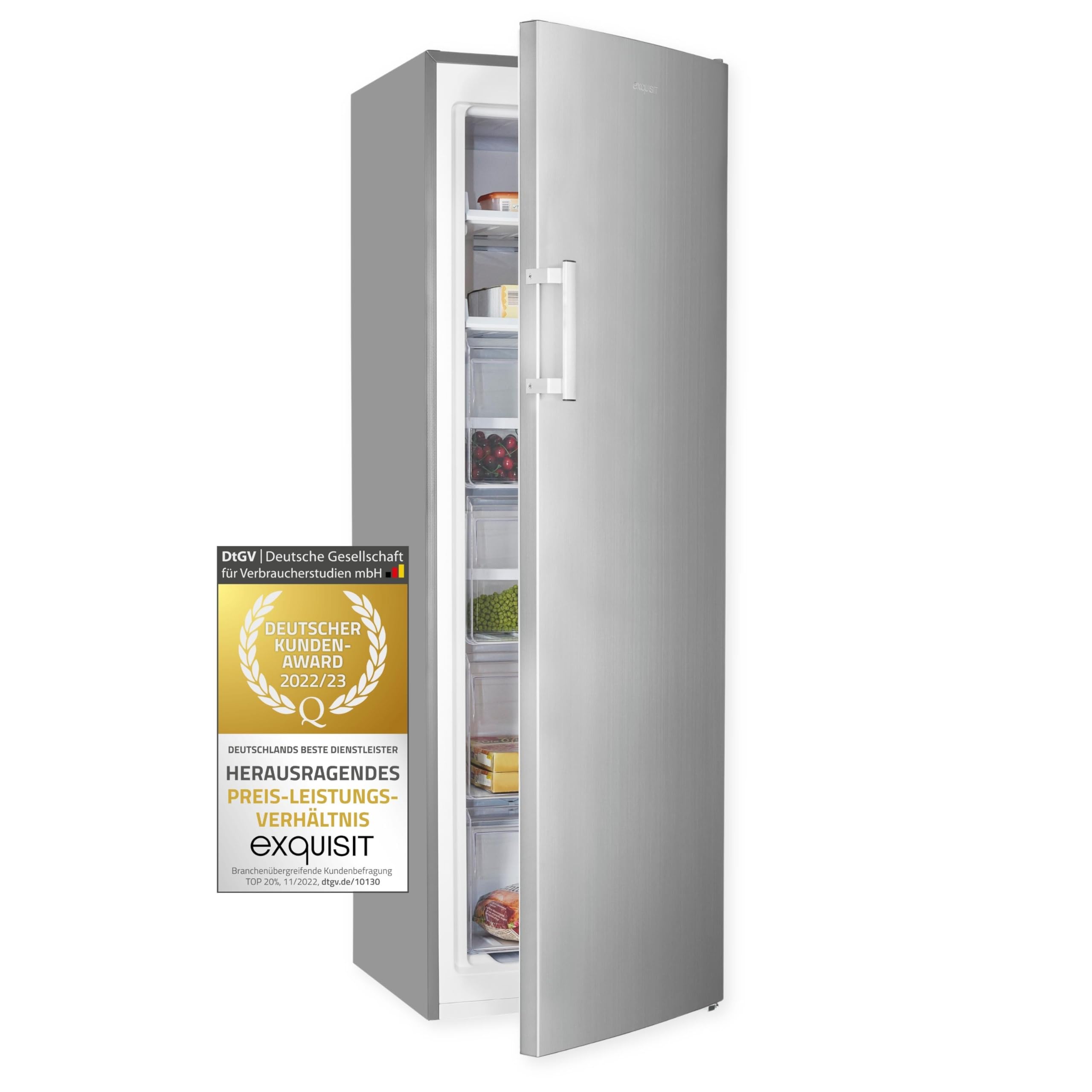 Exquisit GS271-NF-H-040D Stand Gefrierschrank, 54 cm breit, 204 L, NoFrost, 4 Schubladen, Schnellgefrieren, Gefriertablett, inoxlook