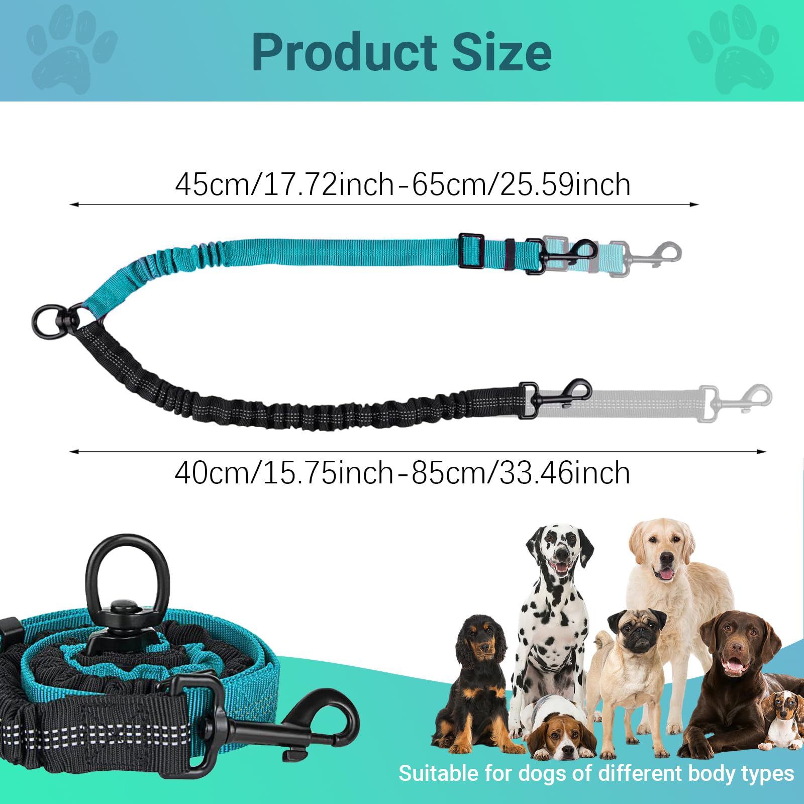 Double Dog Leash for 2 Dogs Tangle-Free,Safety Handle,360° Swivel,Reflective,Adjustable Shock Absorbing Bungee Lead - Image 2