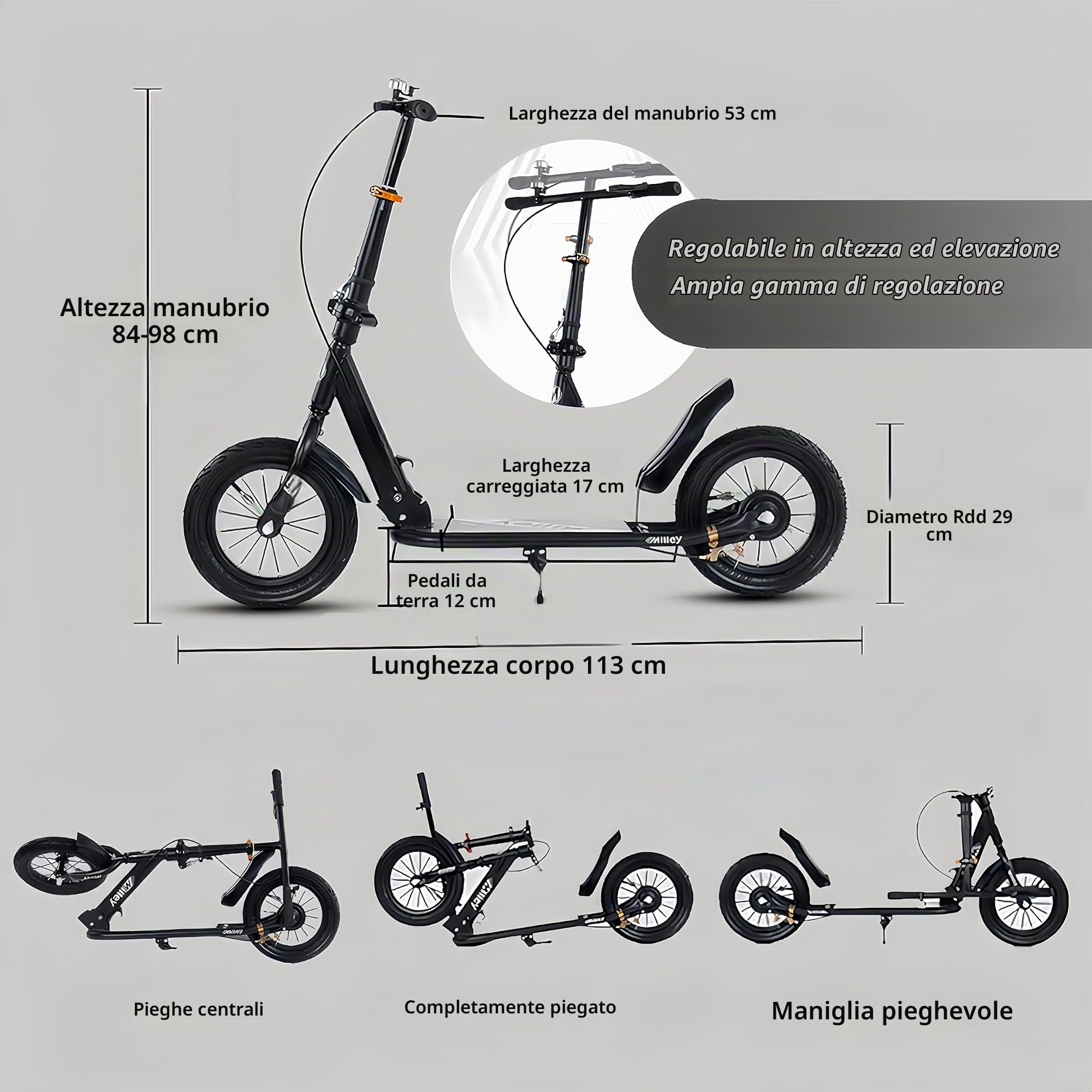City Roller Kickscooter Adulti, Monopattino con Ruote Grandi da 290mm, Monopattino da Città Pieghevole con Freno a Mano e Freno, Altezza Regolabile, Capacità di Carico 150 kg