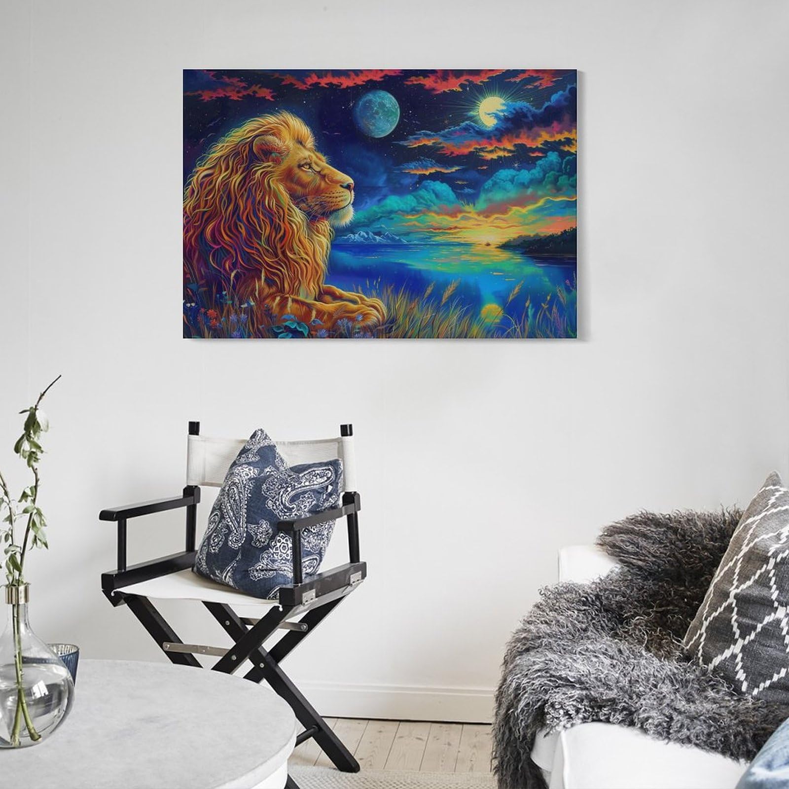 Amazon.co.jp: 絵画 月を見ているライオン アートパネル ポスター 動物