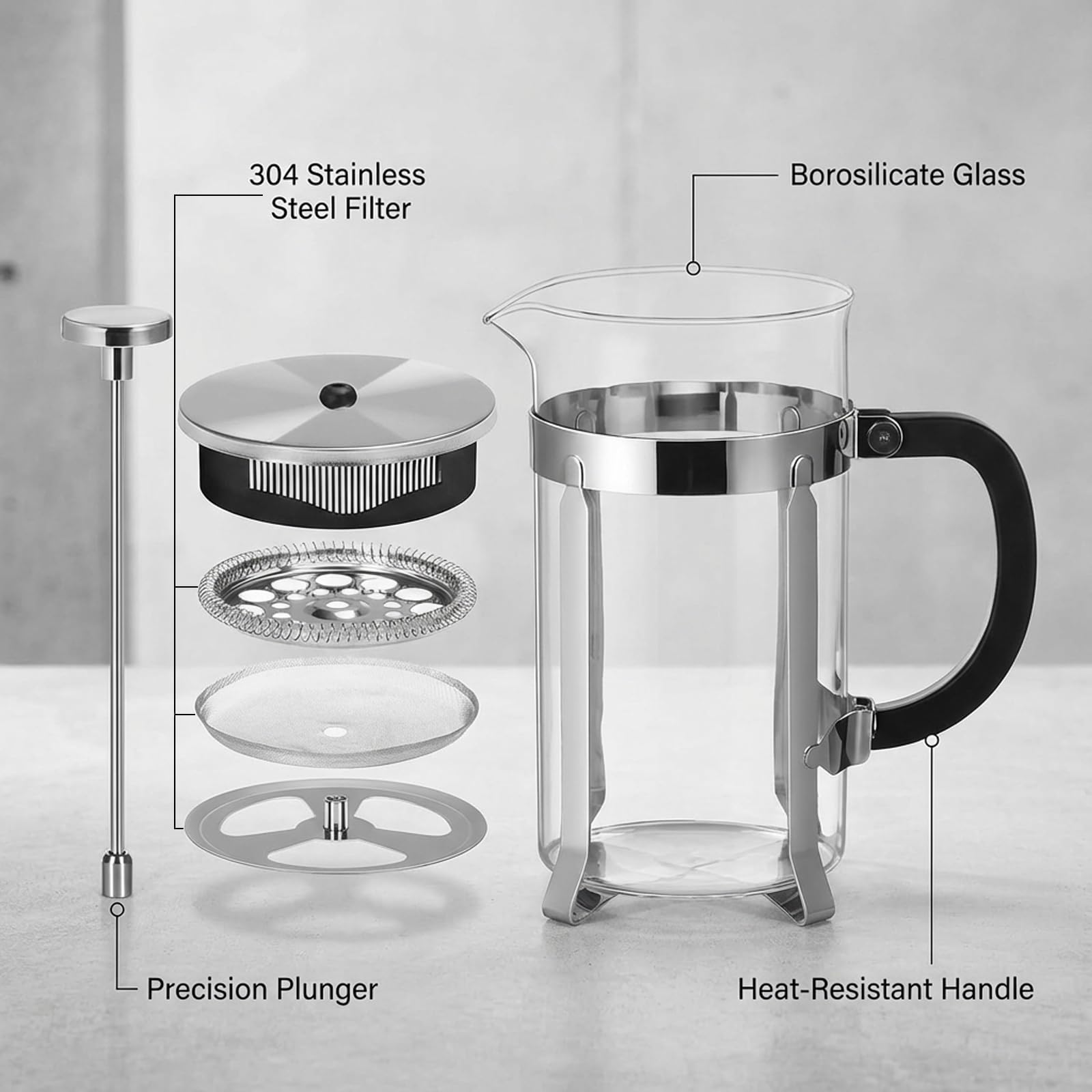 Caffettiera French Press in Vetro Resistente al Calore con Filtro Facile da Pulire, Pressa Francese per Caffè e Tè, Design Multifunzionale Ideale per Casa, Viaggio e Campeggio (600, Millilitri)