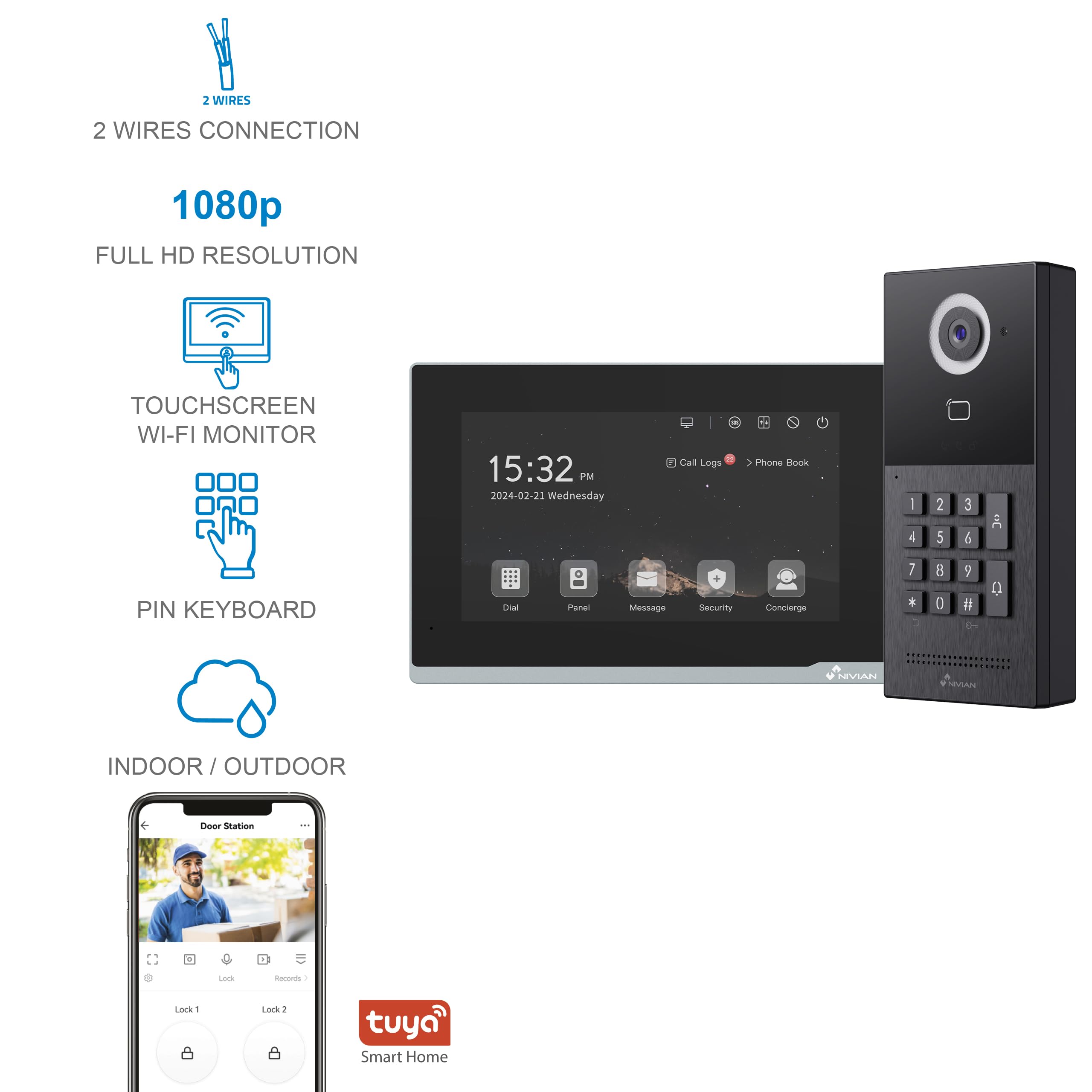 NIVIAN IVIAN Interphone vidéo Intelligent WiFi Full HD pour extérieur avec écran Tactile et Clavier, Connexion à 2 Fils, contrôle App TUYA, enregistrements sur microSD