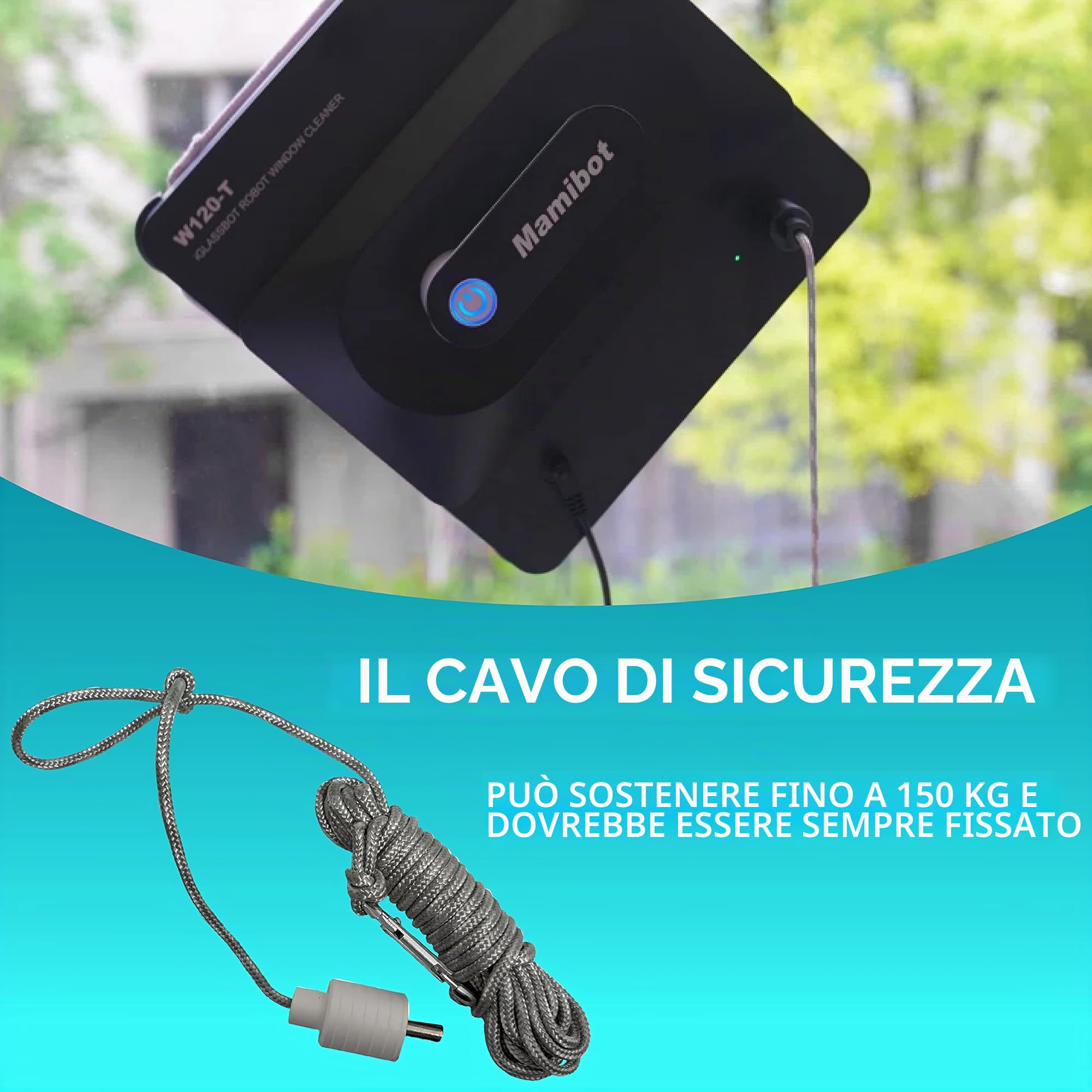 Mamibot Robot per finestre W120-T [1 m² in meno di 3 min] – Aspirapolvere automatico per finestre con panni in microfibra – Pulizia flessibile e sicura su diverse superfici – facile controllo dell'app