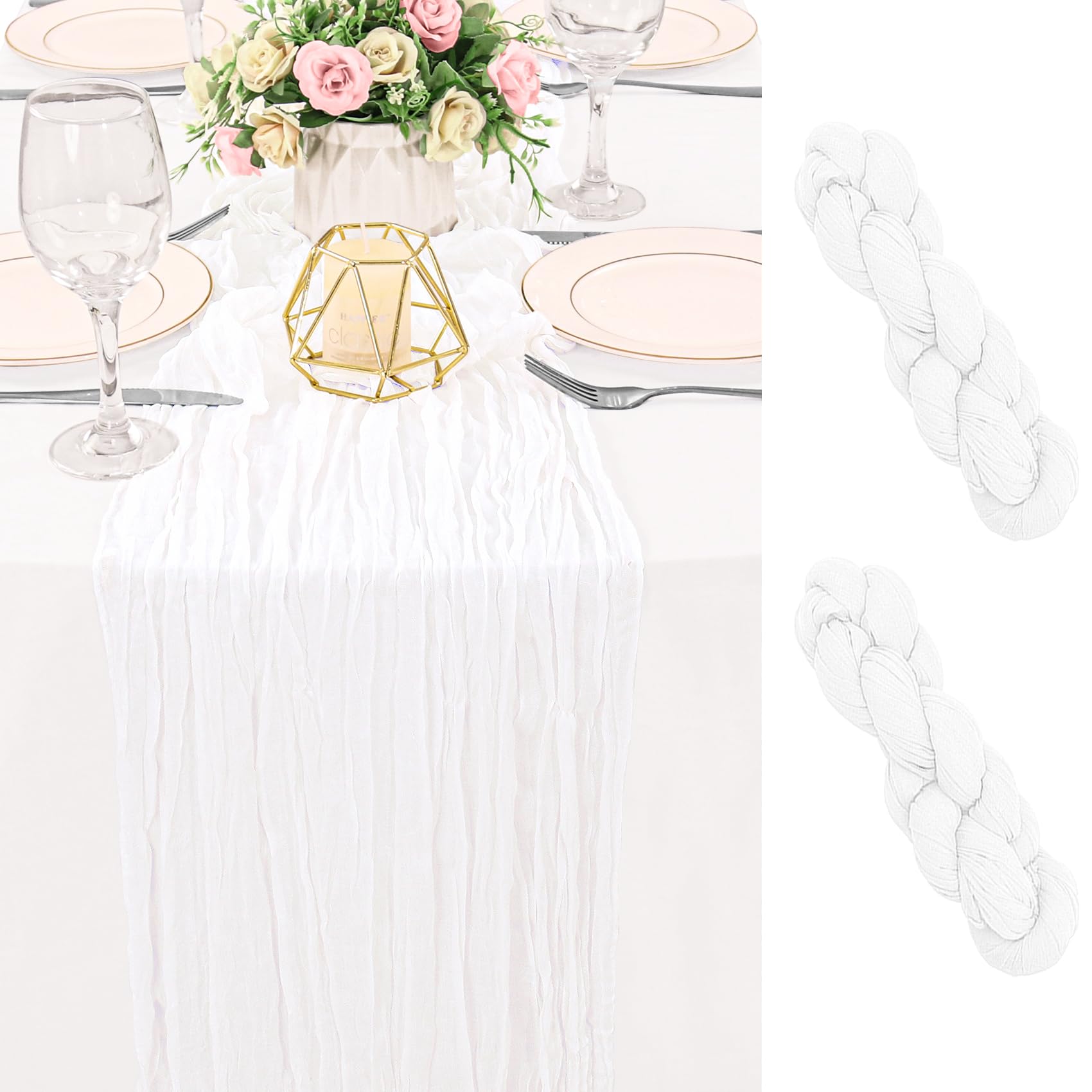 Photo 1 of 2 Pack 120 Inch White Cheesecloth Table Runner Boho Rustic Gauze Sheer Romantic 10 FT Long Cheese Cloth Table Runner for Bridal Baby Shower Wedding Party Birthday Holiday Home Easter Decor