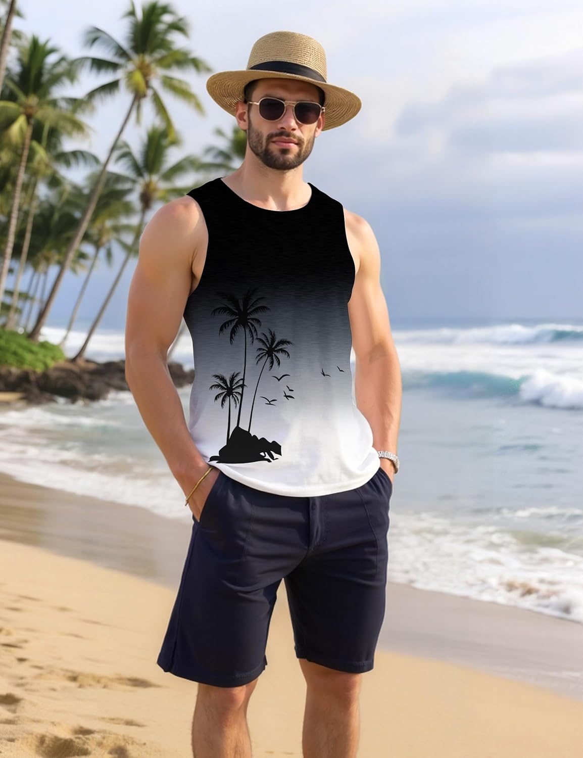 Mens Beach Tank Tops Summer Hawaii Vacation Graphic Muscle Palm Tree Sleeveless Shirts - Image 5