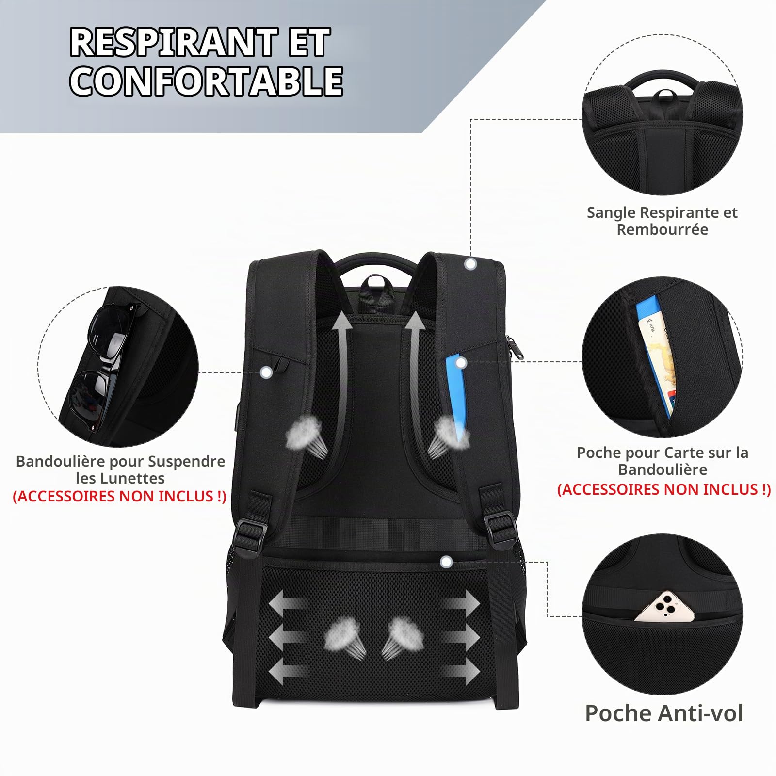 VINBAGGE Sac à Dos Ordinateur Portable 15.6 Pouces Sac de Voyage Imperméable Sac à Dos D'affaires Loisir Sac a Dos PC Portable pour Affaire Scolaire,Noir